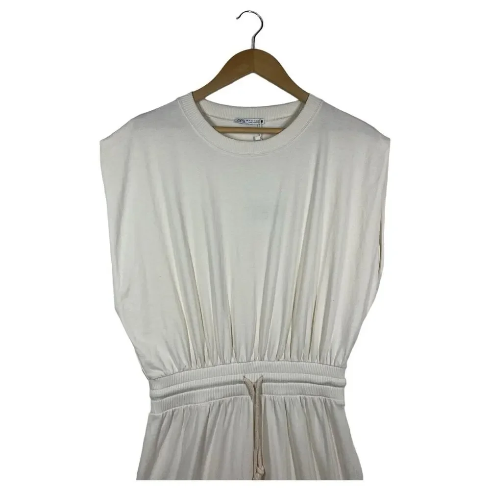 New Zara Dress Womens M Extended Shoulder Midi Tank Cinched Drawcord Waist Ivory - Picture 6 of 16